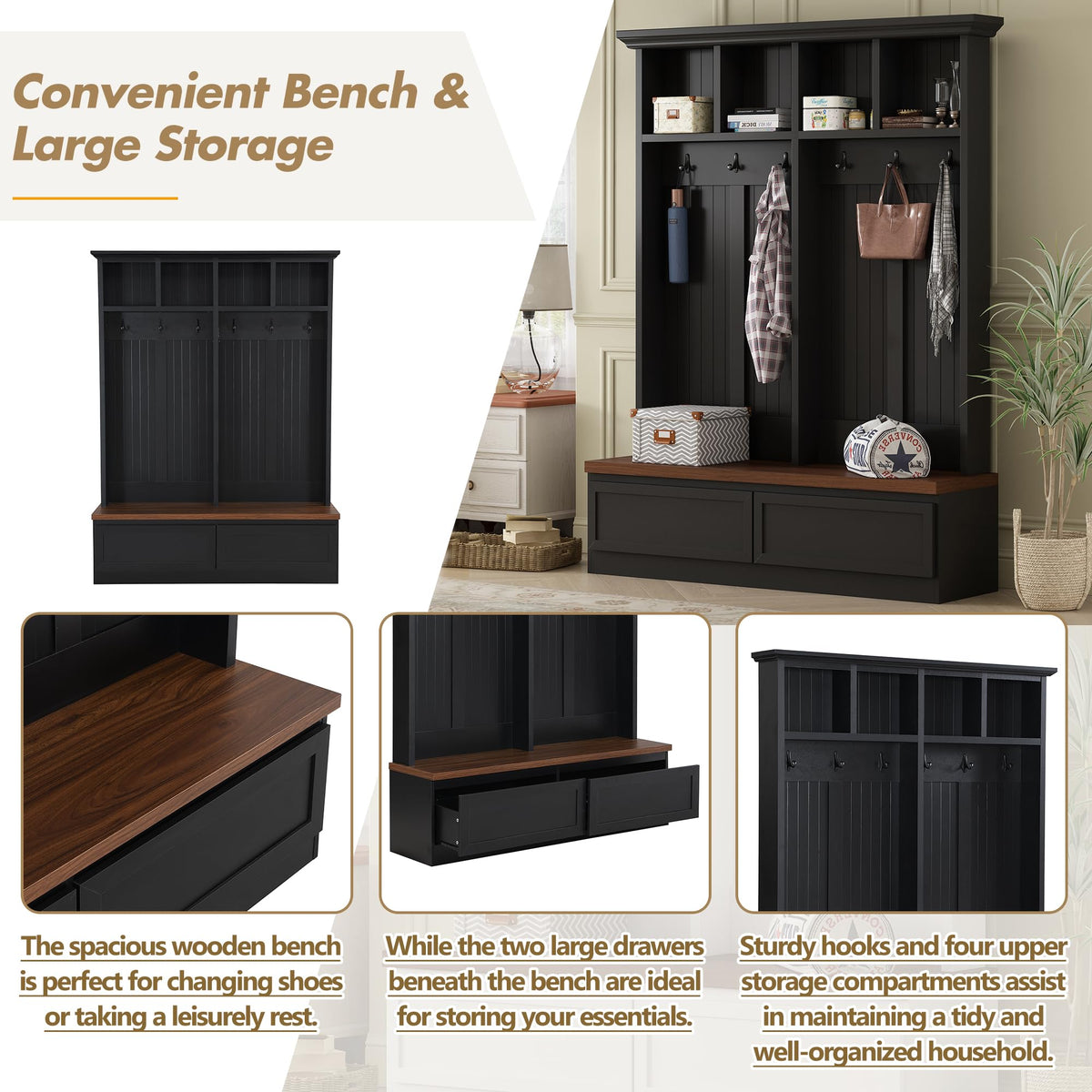 Merax Farmhouse Wood Hall Tree with Bench and Storage Drawers, 4-in-1 Coat Rack with 6 Hooks for