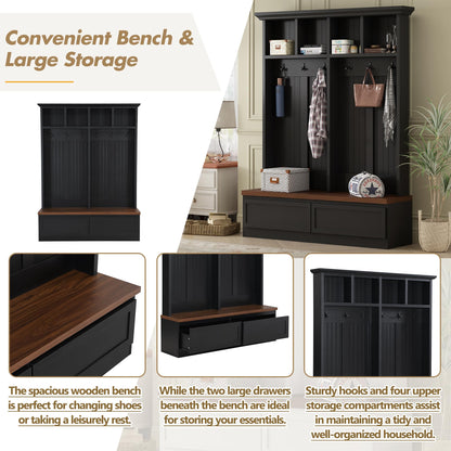 Merax Farmhouse Wood Hall Tree with Bench and Storage Drawers, 4-in-1 Coat Rack with 6 Hooks for