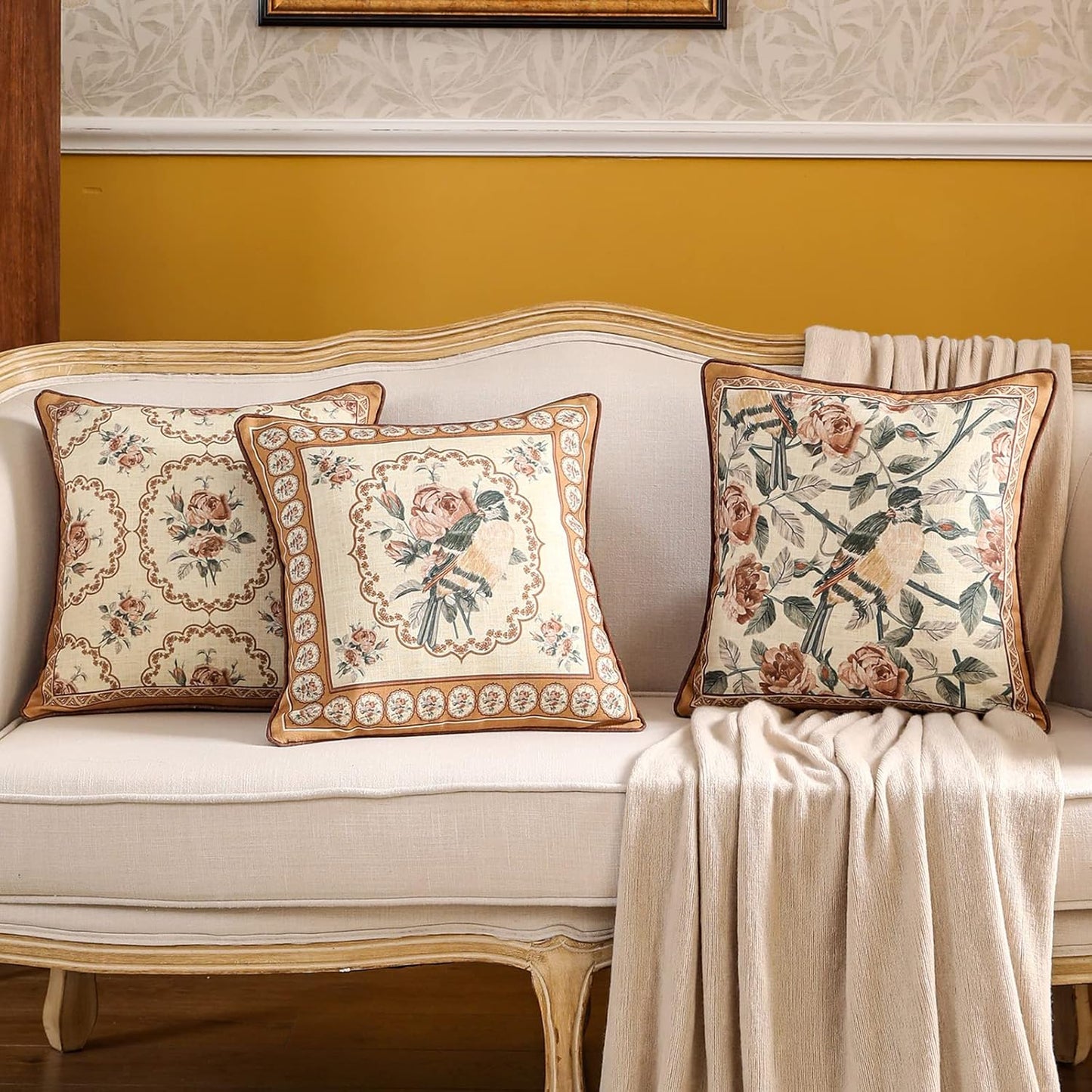patdrea Designer Vintage Floral Throw Pillow Covers for Couch Set of 4,Brown Yellow Linen