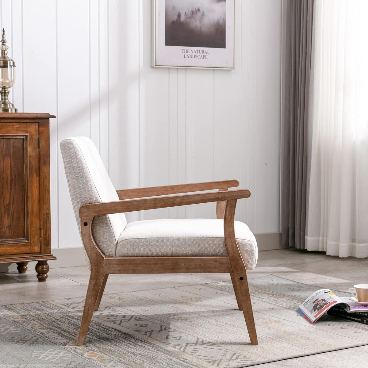Accent Chair Mid Century Modern Armchair, Linen Upholstered Living Room Accent Armchair with Wood