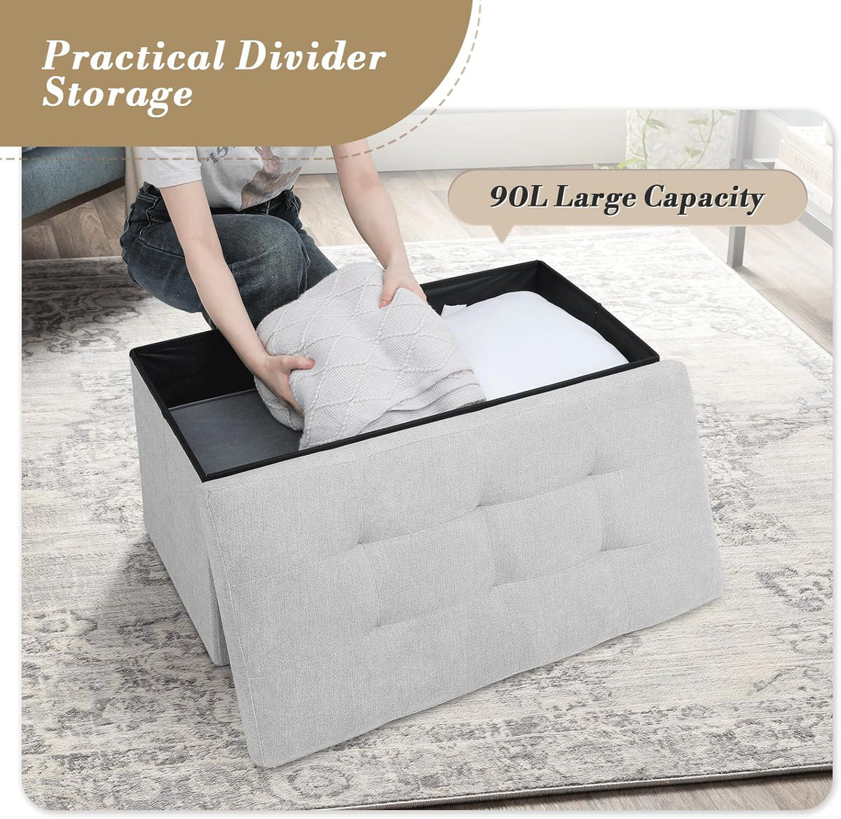 Storage Ottoman Bench, Folding Ottoman Foot Rest, 15 x 30 x 15 Inches, End of Bed Bench, Storage