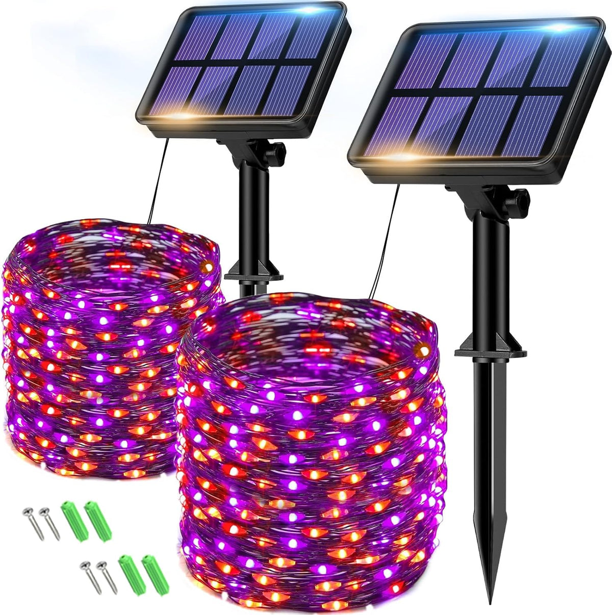 btfarm 2 Pack Solar Halloween String Lights Outdoor, Orange Purple 160LED 66FT Solar Fairy Lights