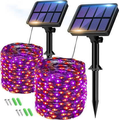 btfarm 2 Pack Solar Halloween String Lights Outdoor, Orange Purple 160LED 66FT Solar Fairy Lights