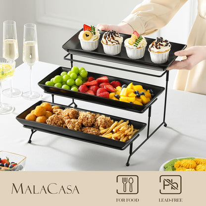 MALACASA 3 Tier Serving Trays for Party, Stoneware Serving Platters and Trays, 14 Inch Tiered Tray