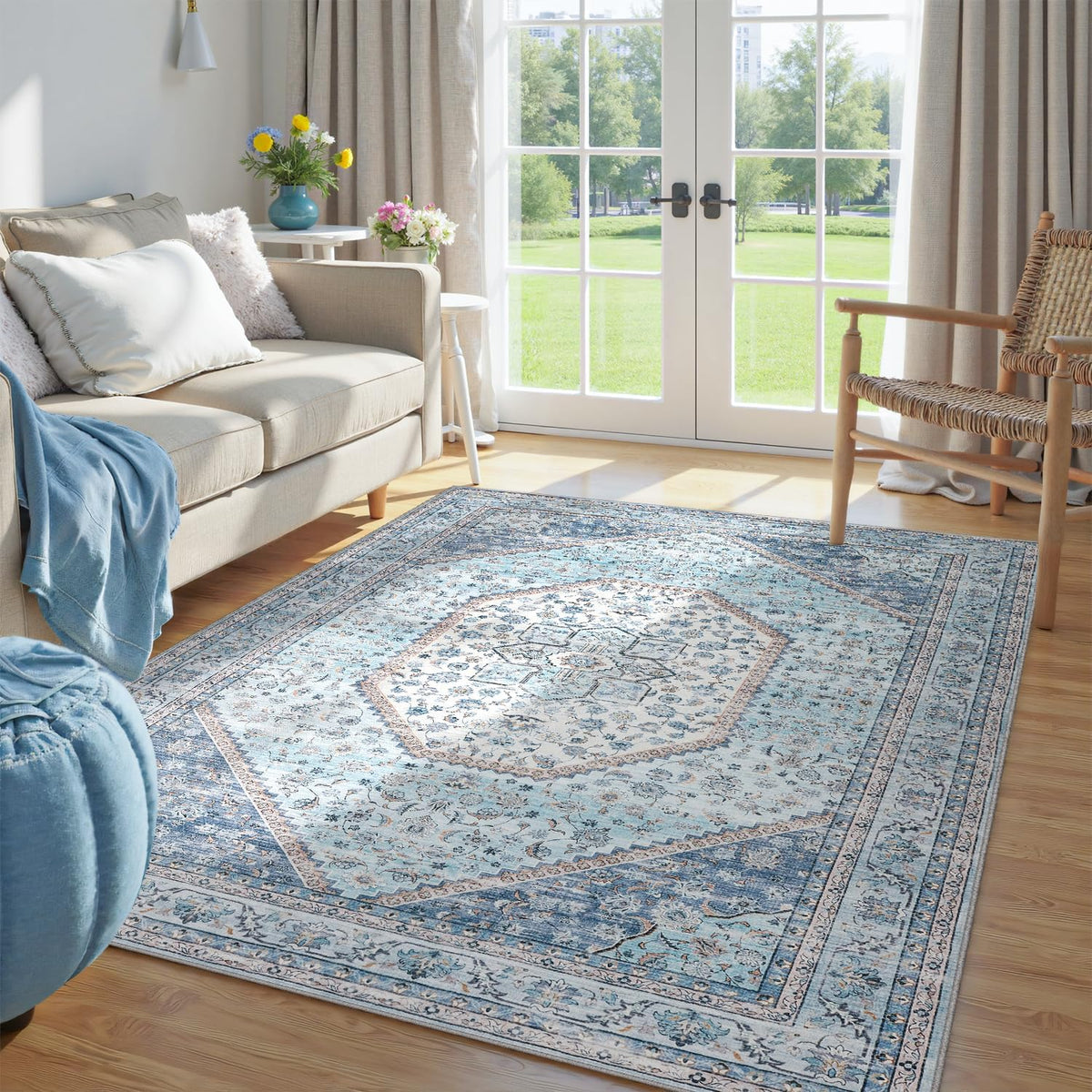 DCX Machine Washable Blue and Beige Area Rugs 5x7, Non Slip Stain Resistant Vintage Floral Rug for
