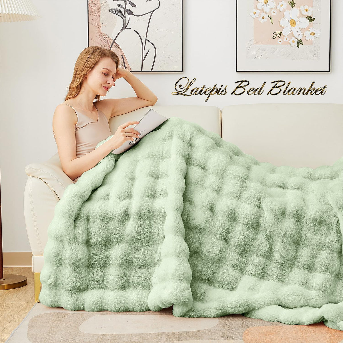 Latepis Soft Faux Fur Blanket Bubble Twin Size Comfy Blanket for Bed Fuzzy Cozy Thick Blankets for