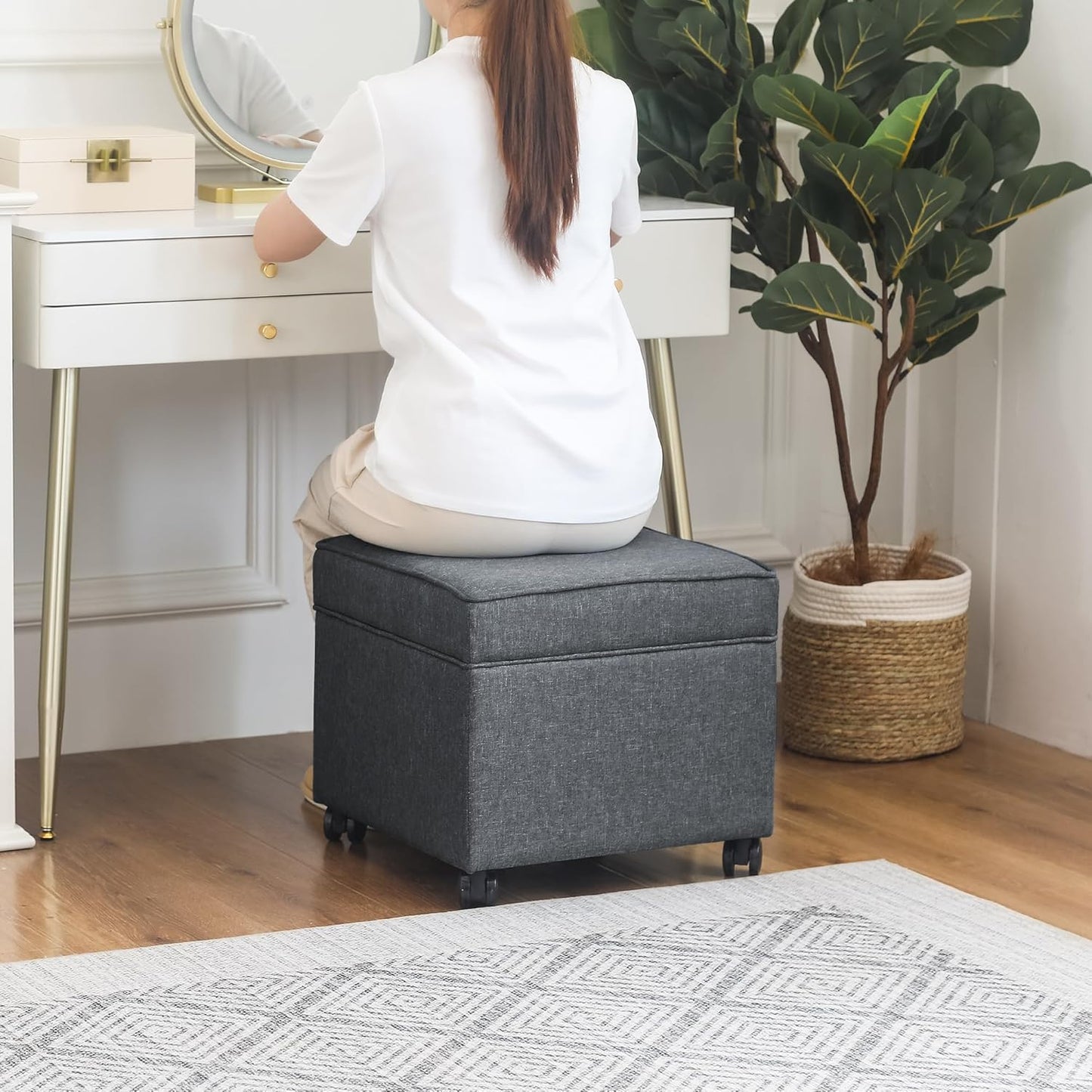 Adeco 17.5" Square Fabric Ottoman with Storage, Upholstered Cotton Linen Foot Rest, Flip Top