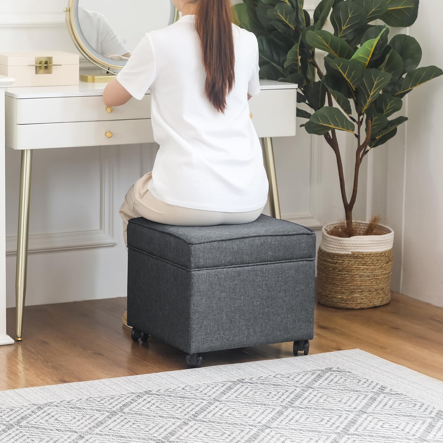 Adeco 17.5" Square Fabric Ottoman with Storage, Upholstered Cotton Linen Foot Rest, Flip Top