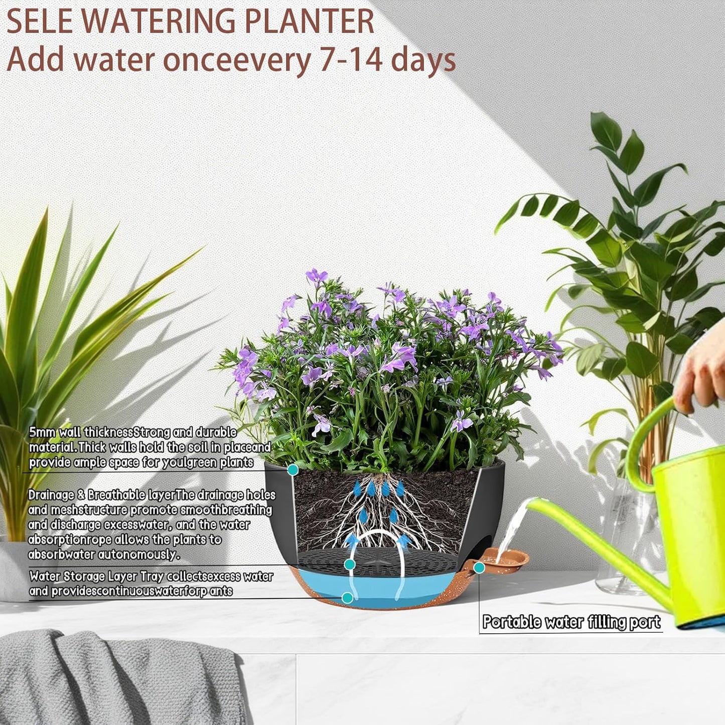 2 Pack 12 Inch Large Hanging Planters with Chains Self Watering Black Brown Plastic Hanging Pots