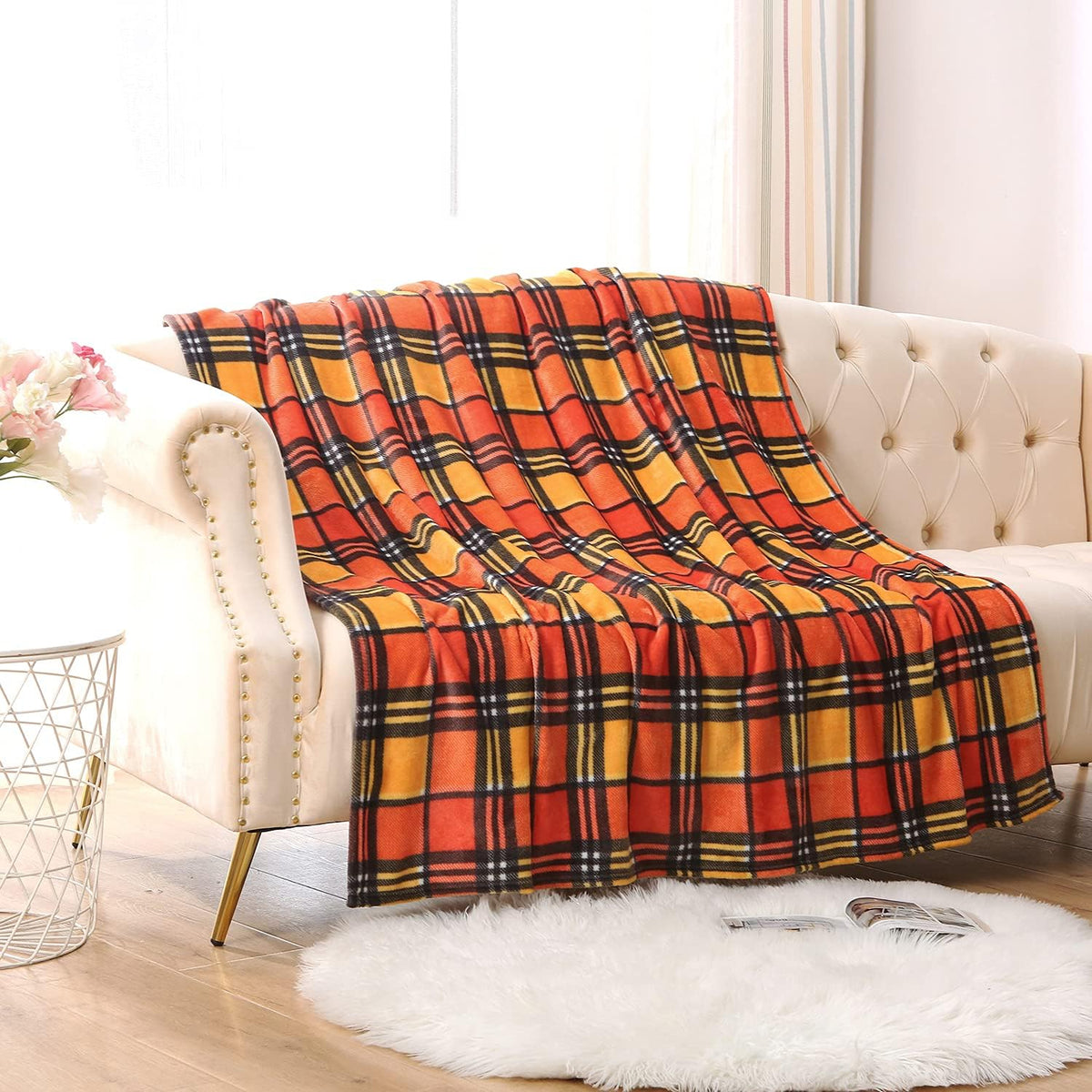 MERRYLIFE Throw Blanket for Couch Orange Plaid Chair Throw Blanket| Soft Decorative Ultra-Plush