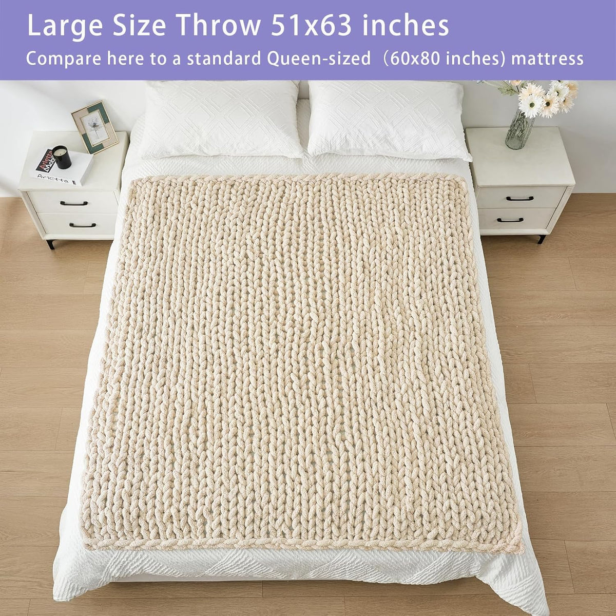 Bigacogo Chunky Knit Throw Blanket for Couch, 51x63 inches, 100% Hand Knitted with Thick Jumbo