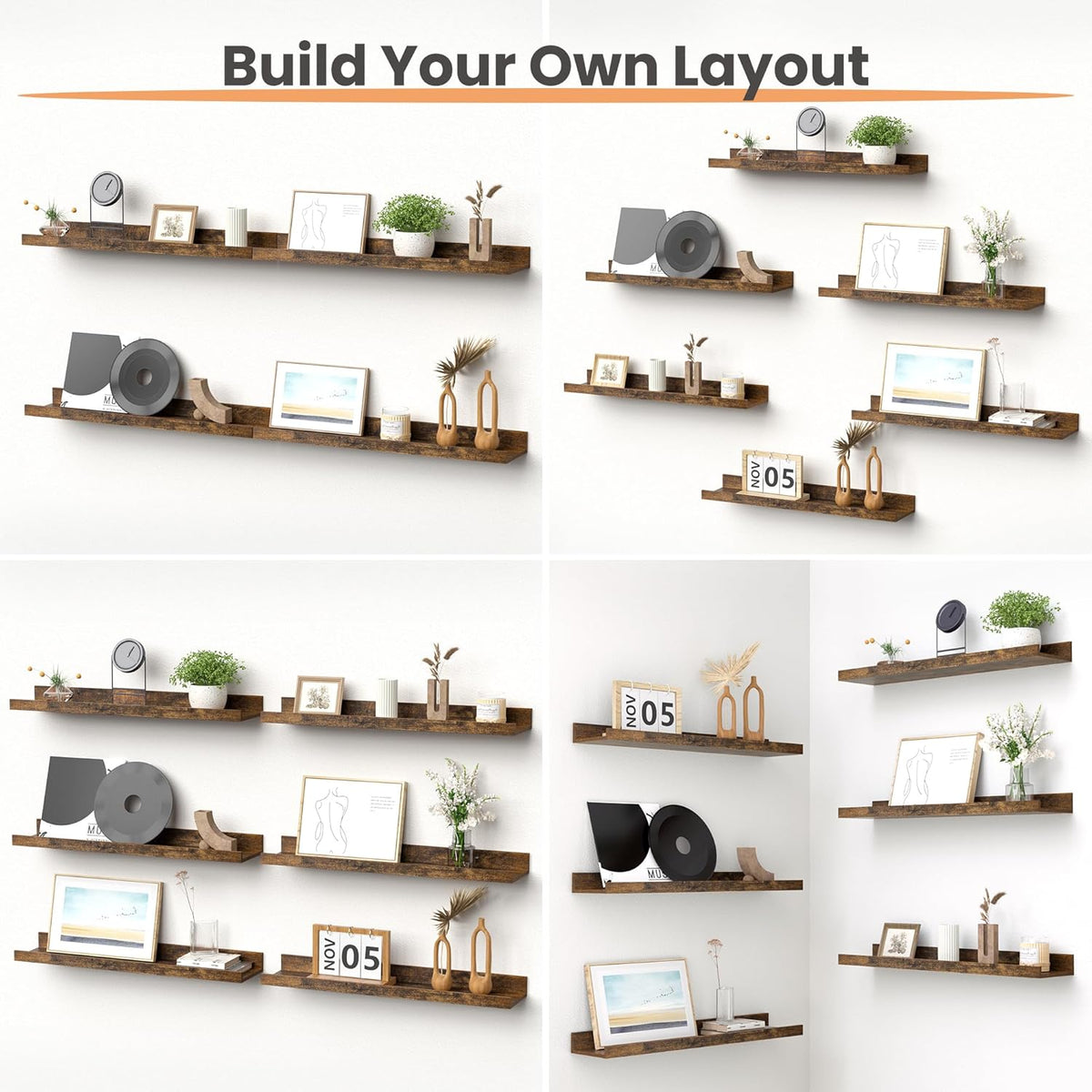 upsimples Floating Shelves for Wall, Wall Shelves for Decor Storage Set of 6, Wall Mounted Wood