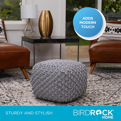 BIRDROCK HOME Square Pouf Ottoman | Cotton Braided Foot Stool with Bean Bag Filling | Boho Foot