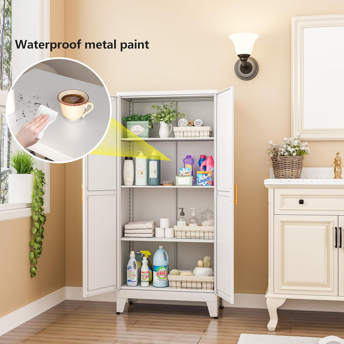 White Metal Storage Cabinet, 48" Steel Cabinets for Home Office, Kitchen Pantry Storage Cabinet