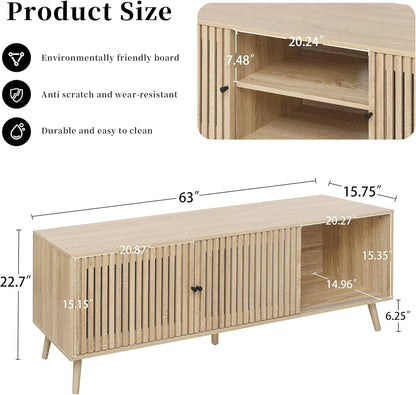 Mid Century Modern TV Stand for Televisions up to 70 Inches, with Sliding Doors and Storage