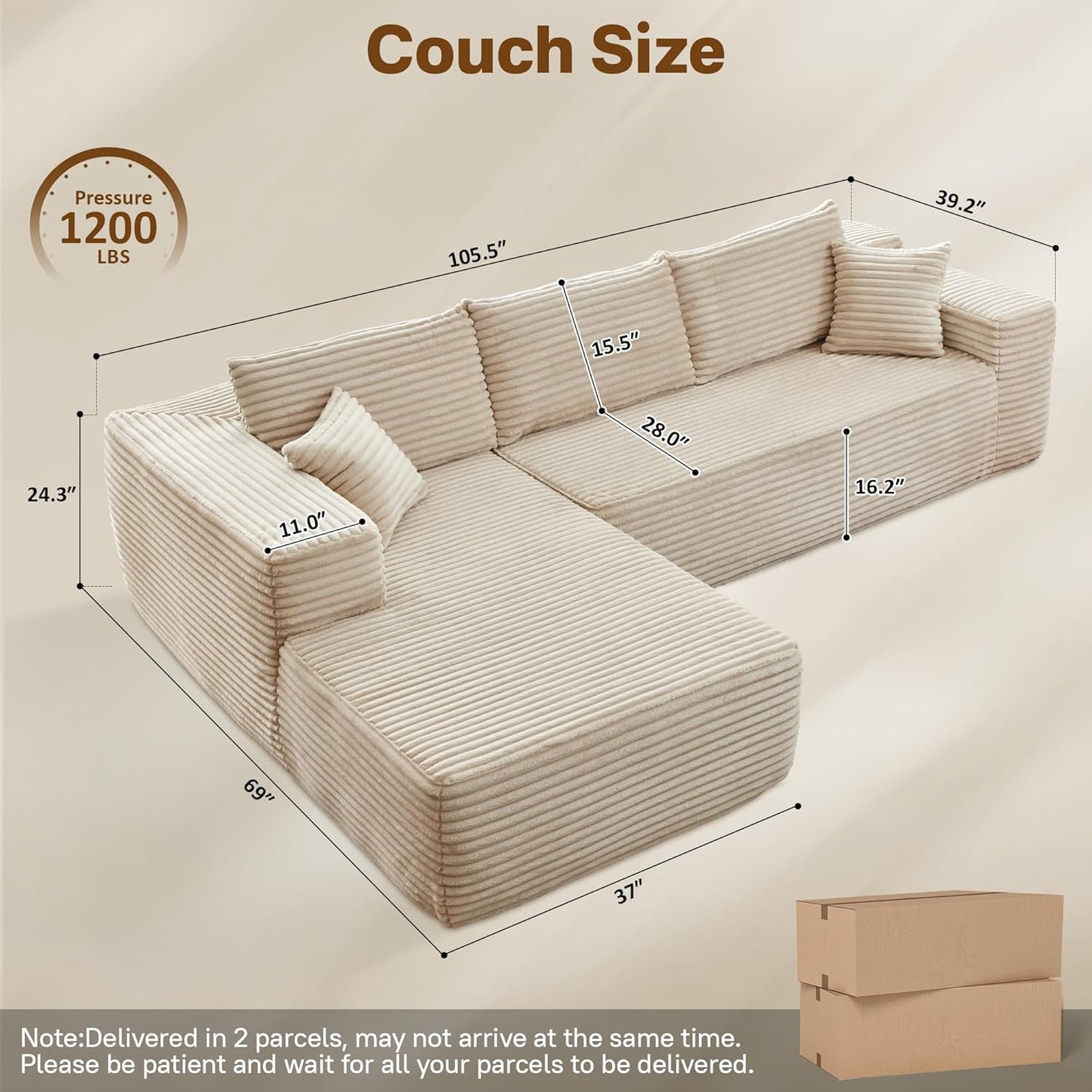 104" Cloud Sectional Couches for Living Room,L Shaped Boneless Couch in A Box,Sleeper Sofa with