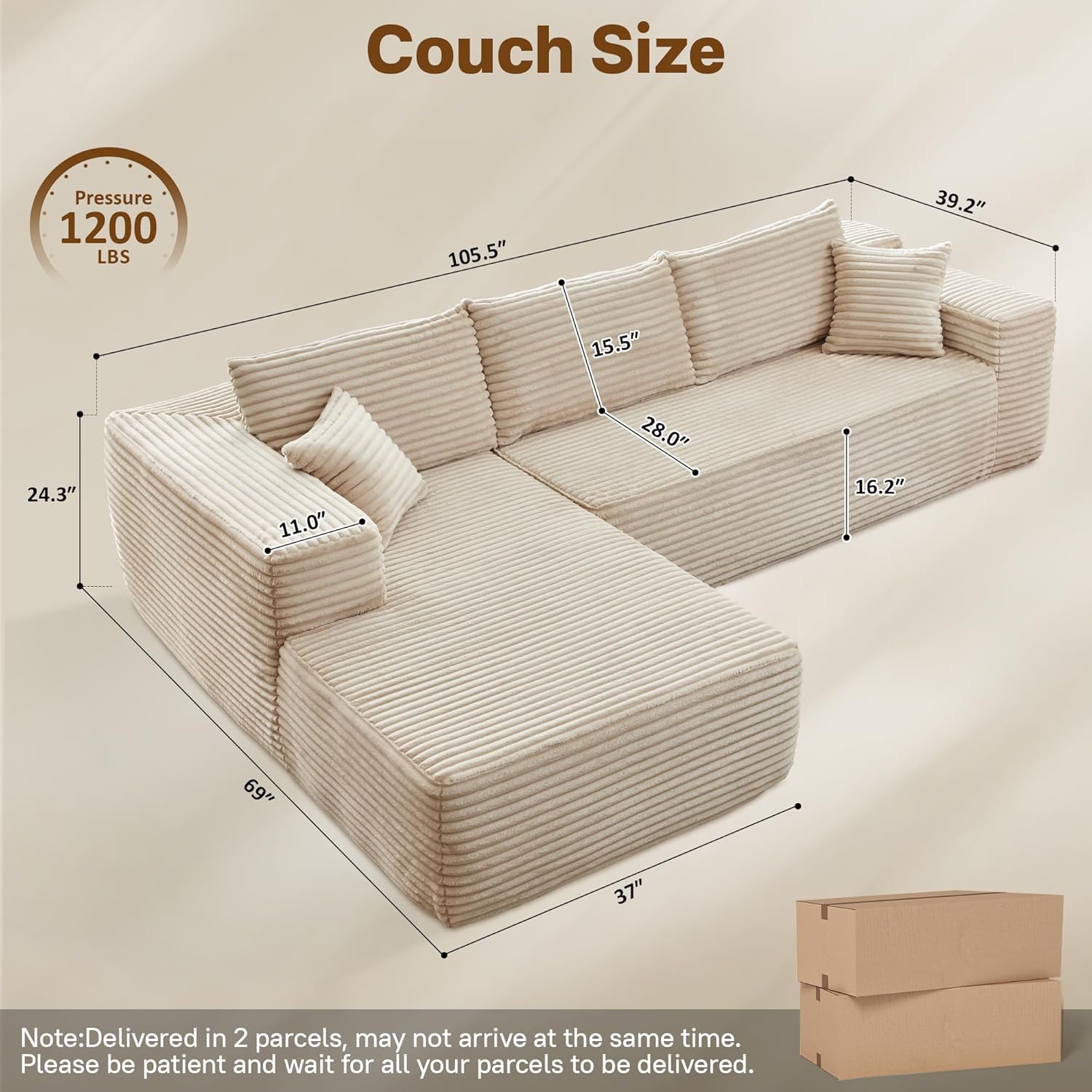 104" Cloud Sectional Couches for Living Room,L Shaped Boneless Couch in A Box,Sleeper Sofa with