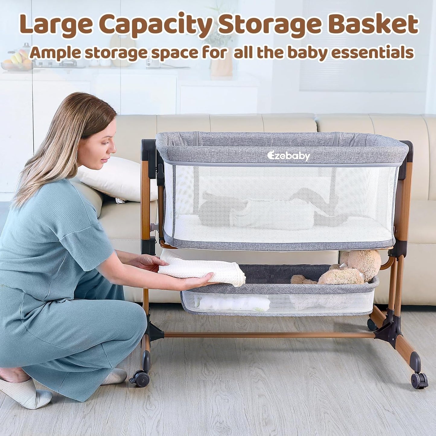 Ezebaby 3-in-1 Baby Bassinet, Rocking Baby Bassinets Bedside Sleeper, Adjustable Portable Crib for