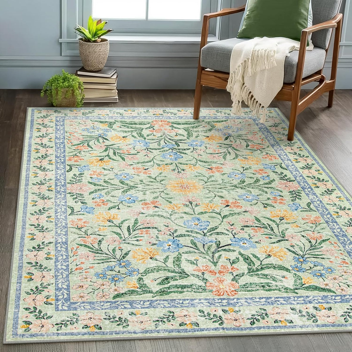 Wonnitar Machine Washable 5x7 Area Rug, Boho Floral Rugs for Living Room Non-Slip, Soft Pink and