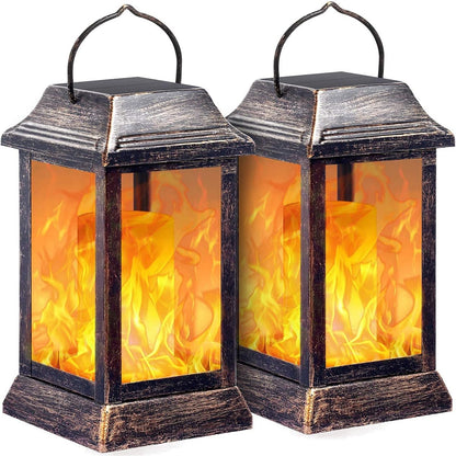 TomCare Solar Lights Metal Flickering Flame Solar Lantern Outdoor Hanging Lanterns Lighting Heavy