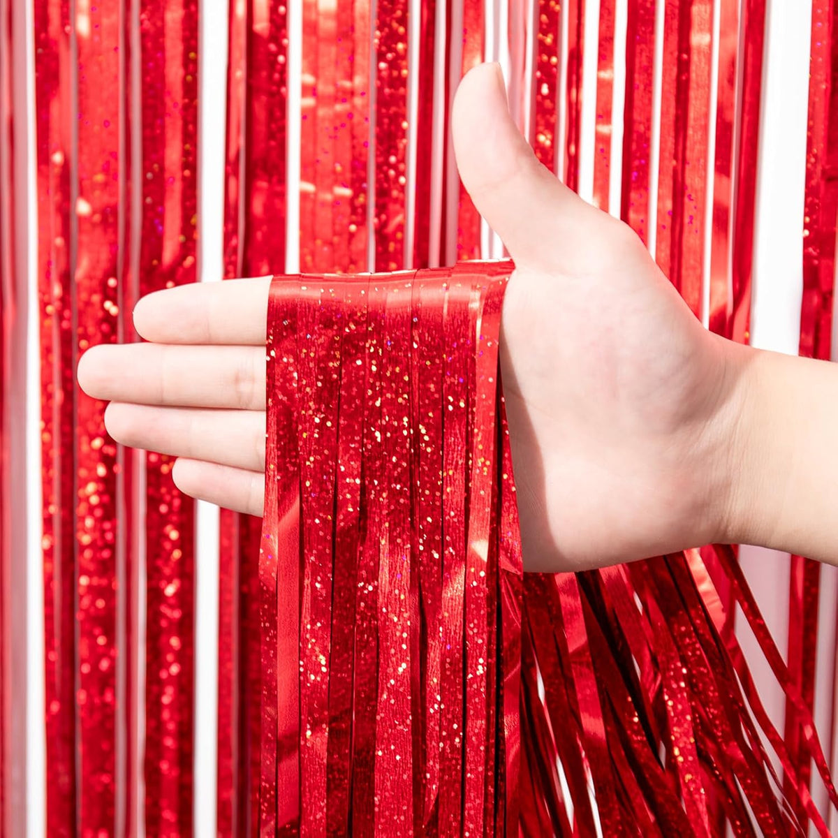 3 Pack 3.3 x 8.2 ft Laser Red Foil Fringe Backdrop Curtains, Tinsel Streamers Birthday Party