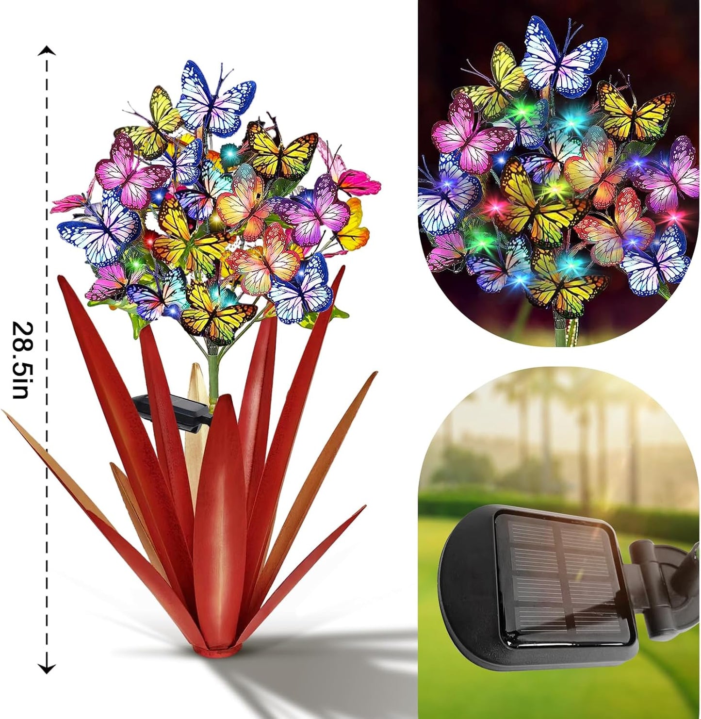 Homight Solar Metal Agave Butterfly Flower Stick Garden Sculpture - Outdoor Gift, Christmas Lights