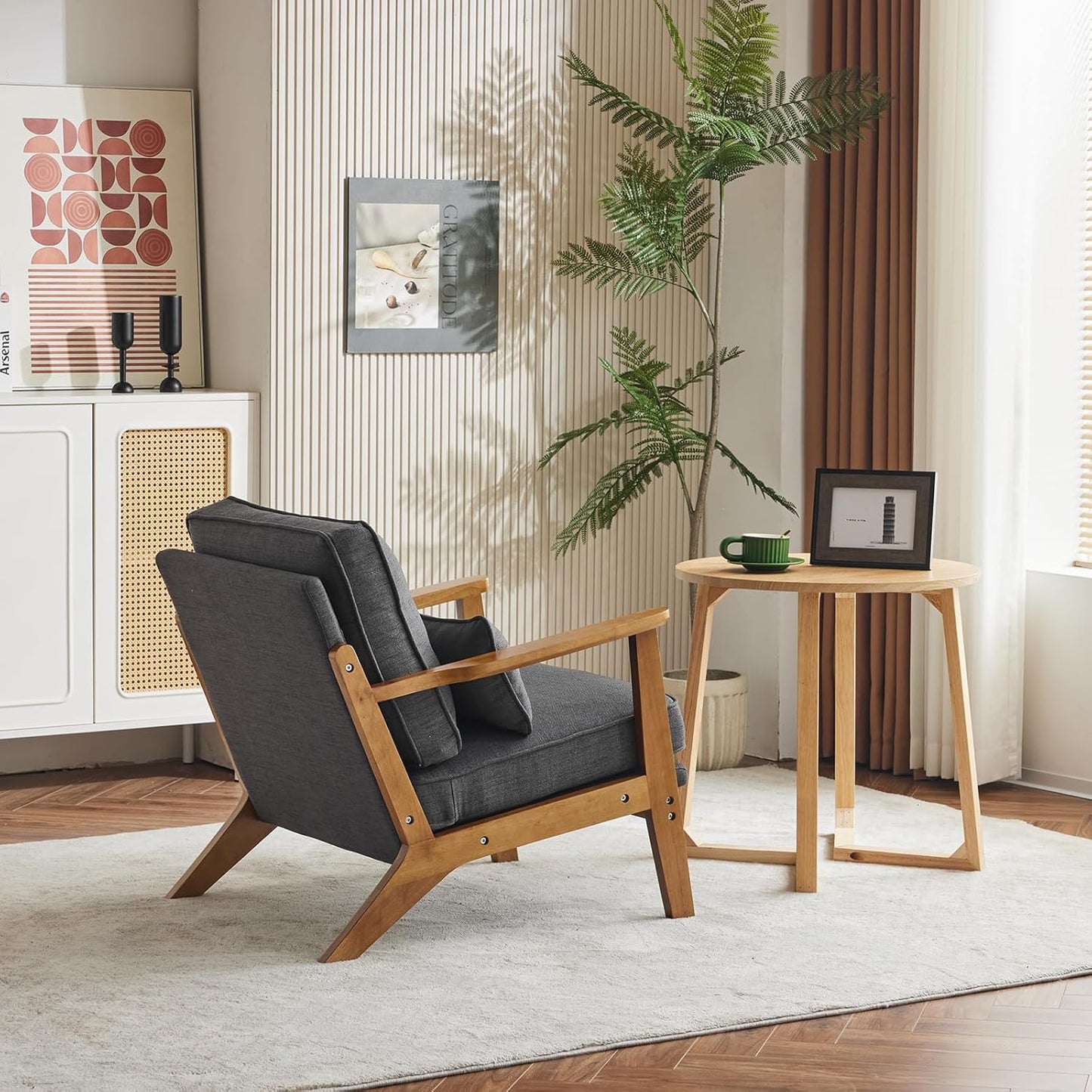 Karl home Accent Chair Wide Armrest Mid-Century Lounge Chair Linen Fabric Armchair with Lumbar