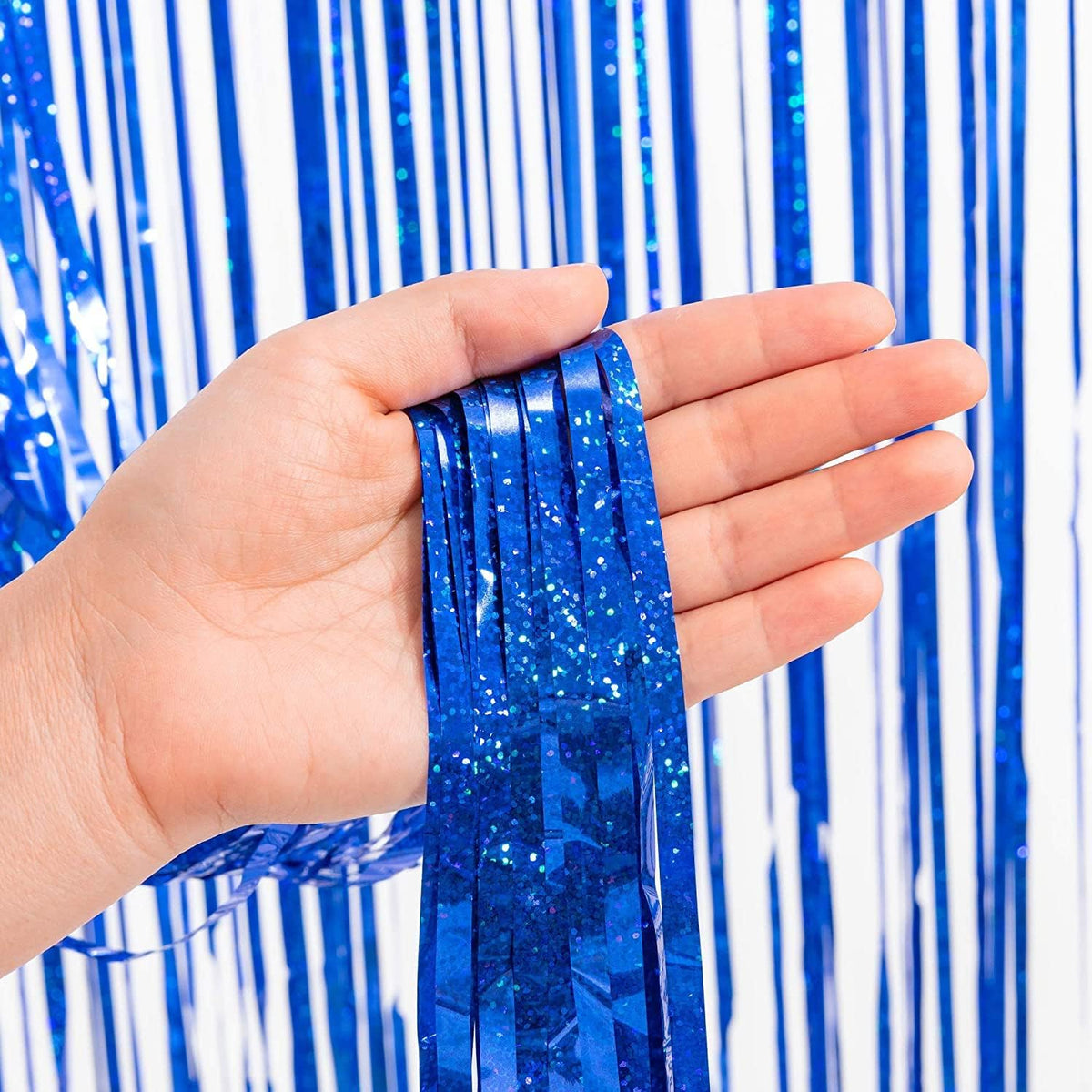 BRAVESHINE Blue Tinsel Foil Fringe Curtains - 2Pcs 3.2x8.2 ft Metallic Holidays Photo Backdrop for