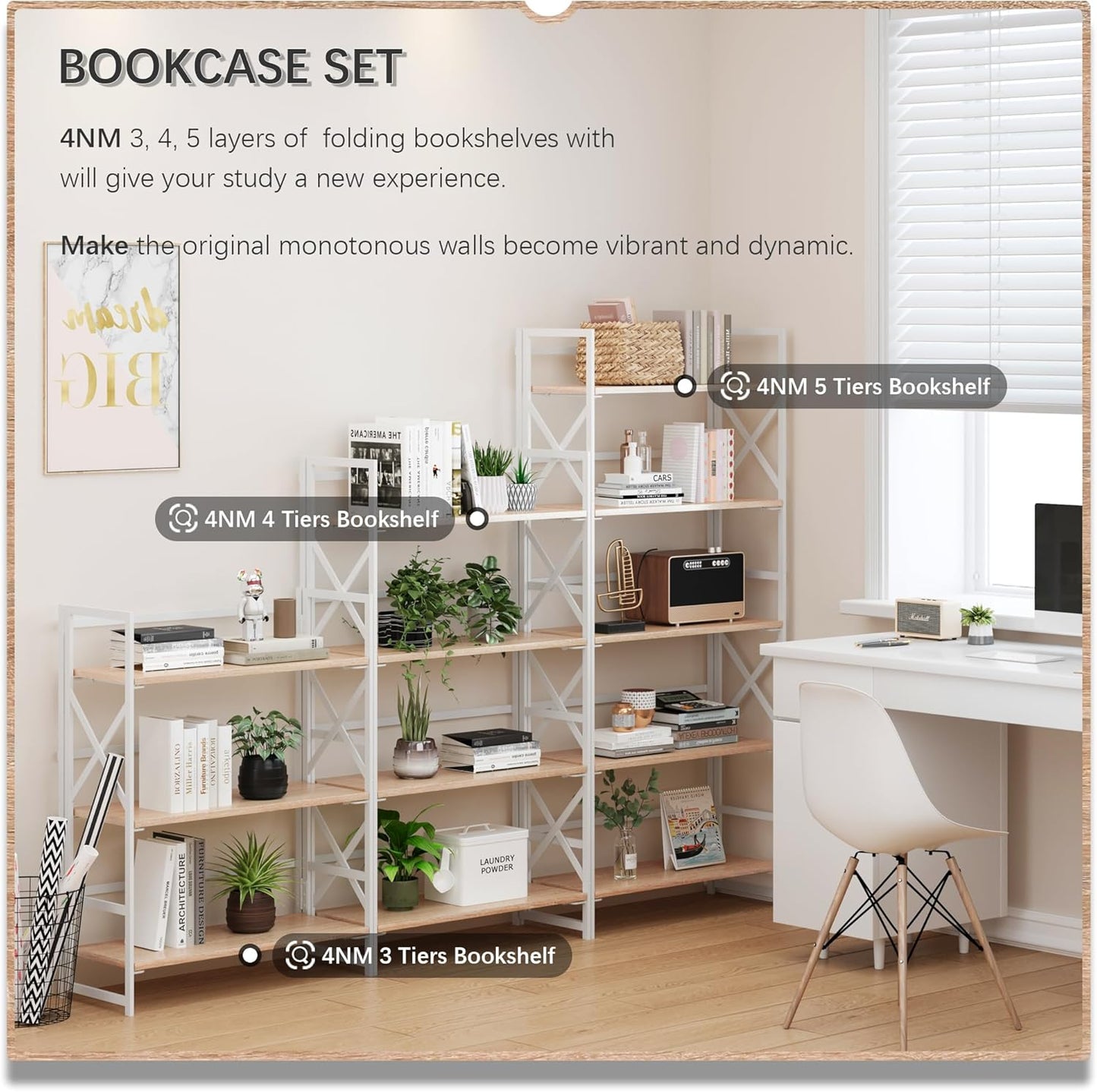 4NM 5 Tiers No Assembly Book Shelves, 51.2" H Folding Bookshelf Bookcase Open Industrial Foldable
