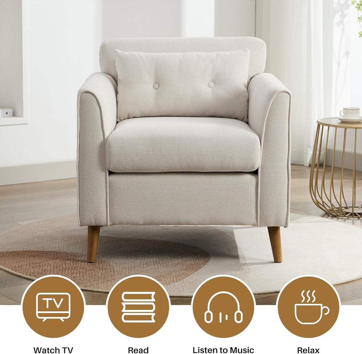 Modern Accent Chair with Wooden Legs Plush Fabric Armchair Chenille Side Single Sofa Chair for