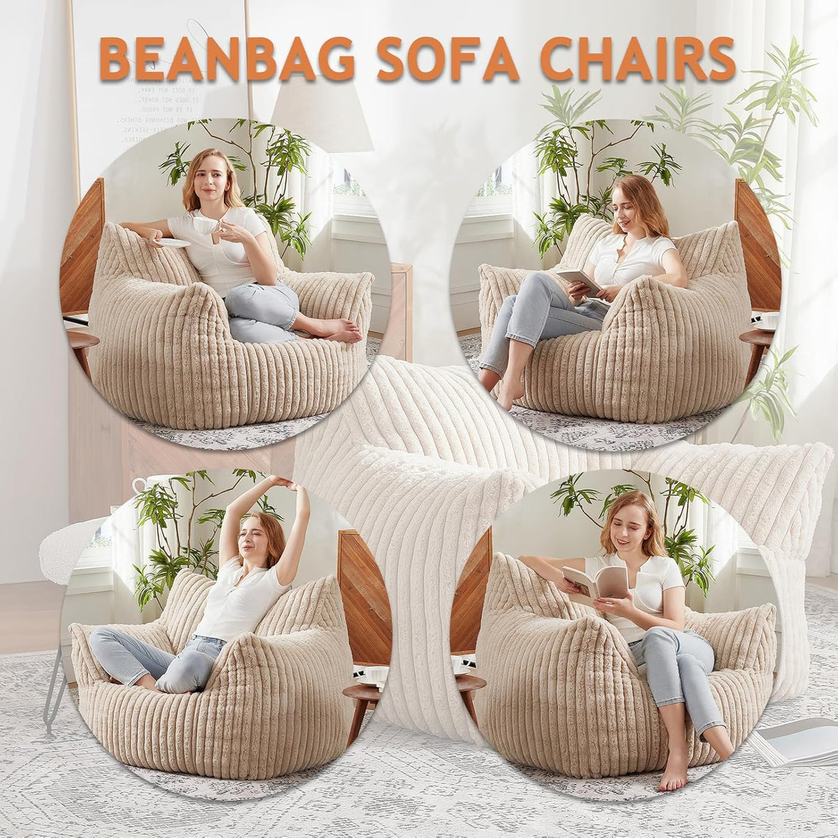 Giant Bean Bag Chairs for Adults with Filling Plush Fluffy Bean Bag Chairs for Teens with Armrests