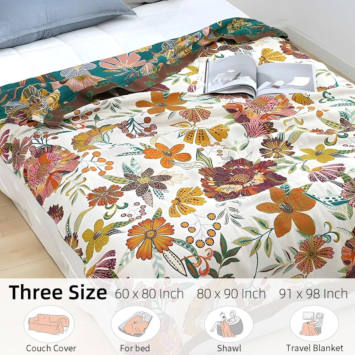Boho Throw Blanket for Bed - 100% Pure Cotton Ultra Soft Rustic Quilt - Farmhouse Decor Bed