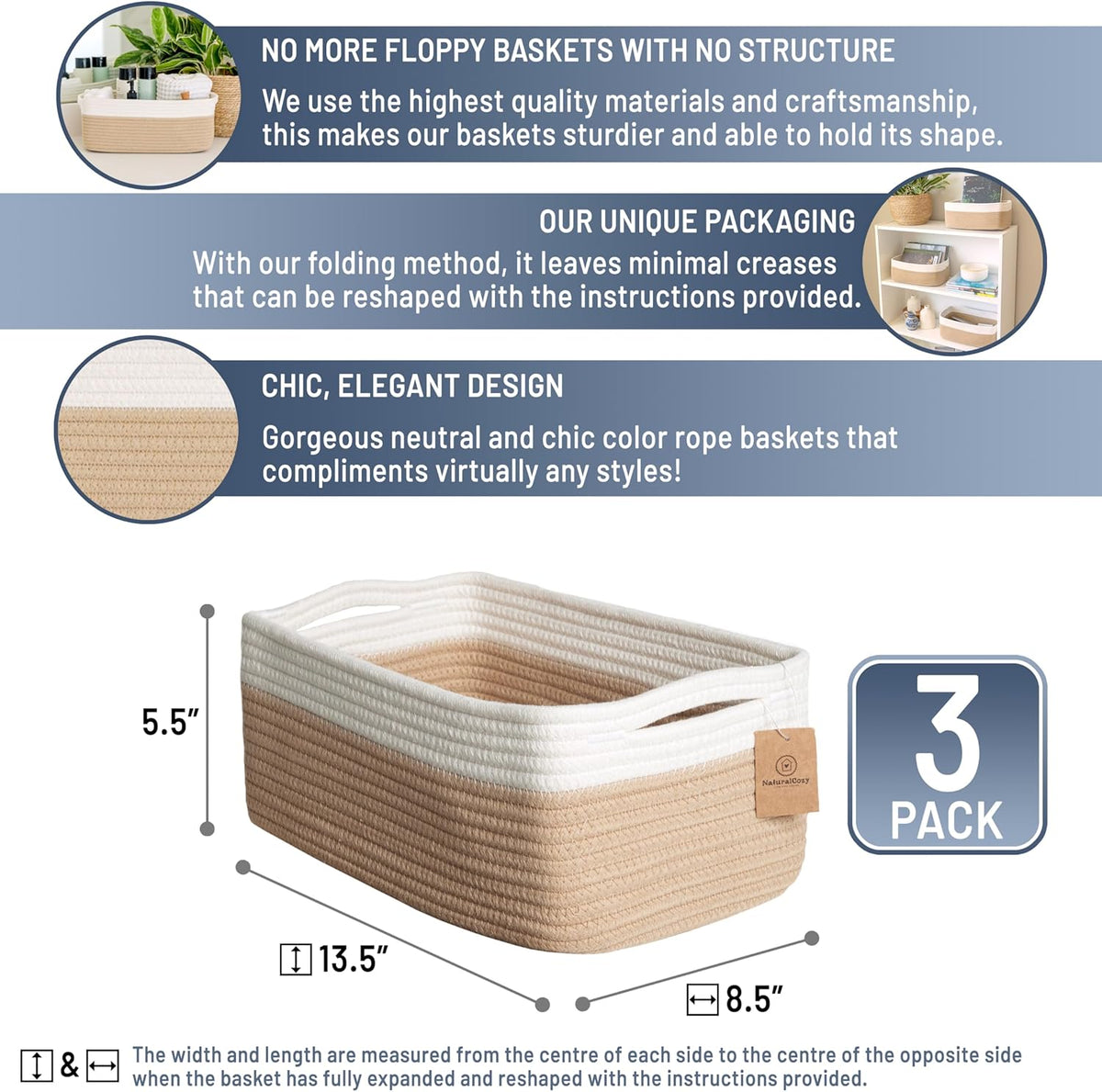 NaturalCozy 13.5”x8.5”x5.5” Storage Baskets for Shelves 3 Pack | Cotton Rope Woven Small Baskets