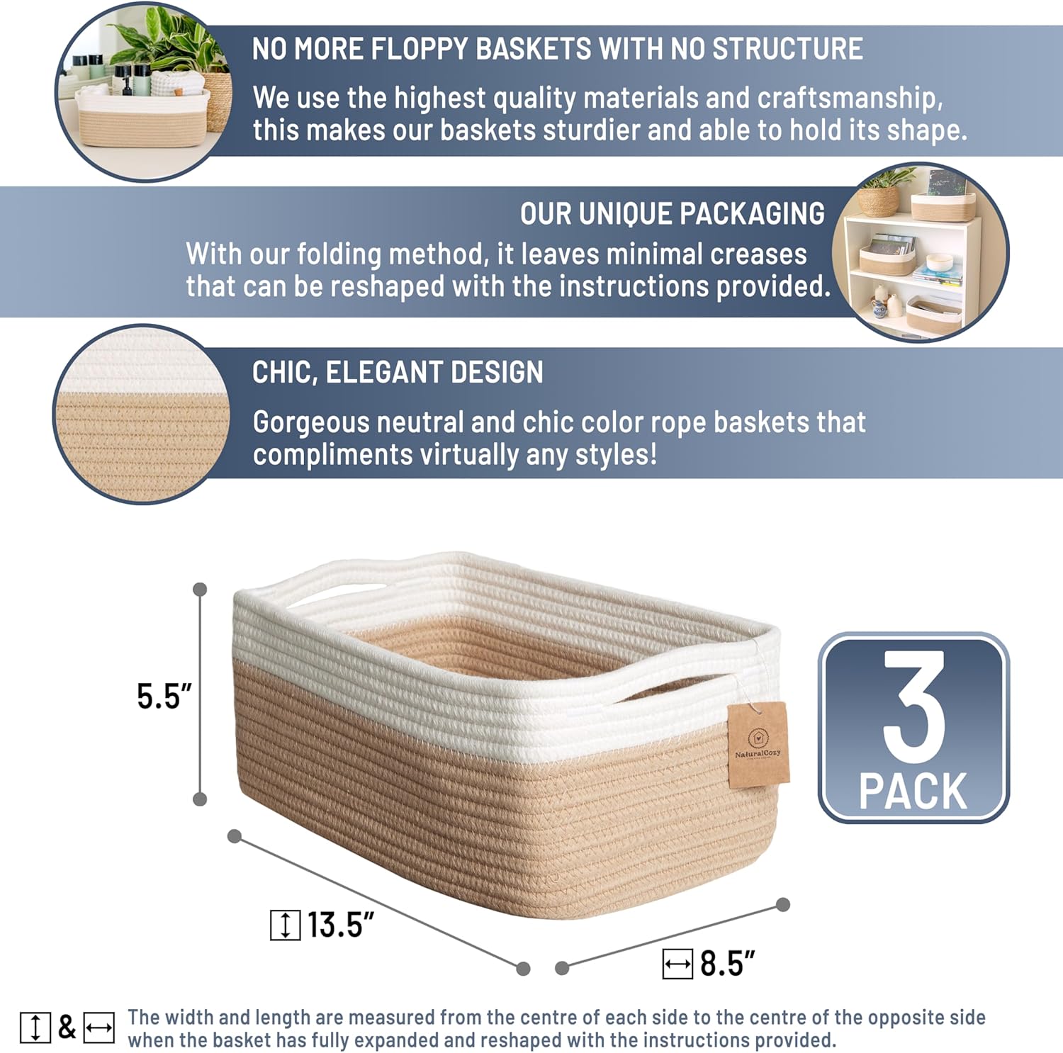 NaturalCozy 13.5”x8.5”x5.5” Storage Baskets for Shelves 3 Pack | Cotton Rope Woven Small Baskets