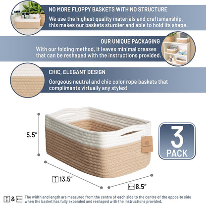 NaturalCozy 13.5”x8.5”x5.5” Storage Baskets for Shelves 3 Pack | Cotton Rope Woven Small Baskets