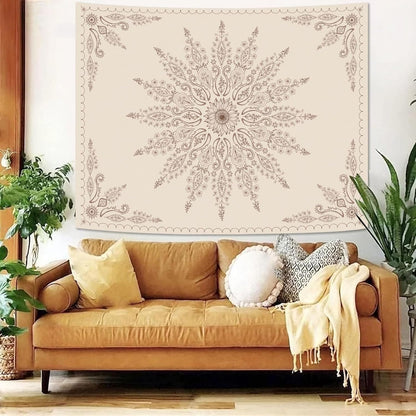 Fowocu Boho Floral Mandala Tapestry for Bedroom Aesthetic Bohemian Flower Wall Tapestry Beige