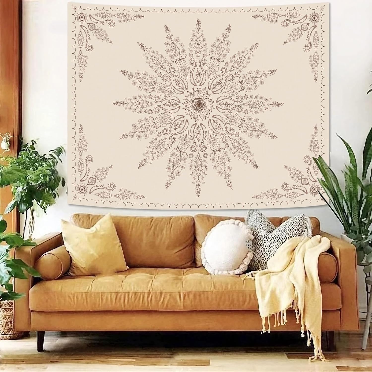 Fowocu Boho Floral Mandala Tapestry for Bedroom Aesthetic Bohemian Flower Wall Tapestry Beige