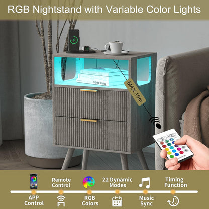 Nightstand with Charging Station and LED Lights,Modern Bedside Table with 2 Storage Drawer and Open