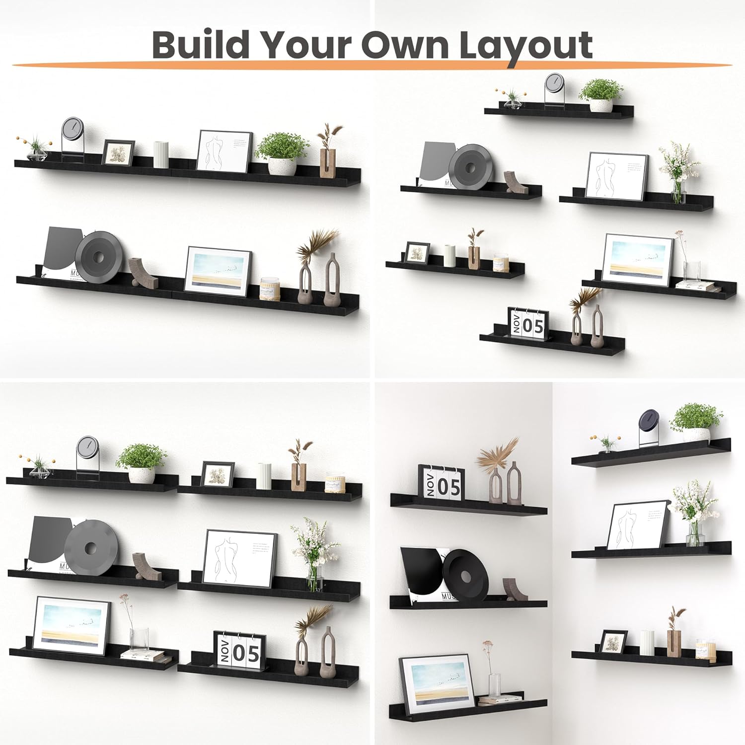 upsimples Floating Shelves for Wall, Wall Shelves for Decor Storage Set of 6, Wall Mounted Wood