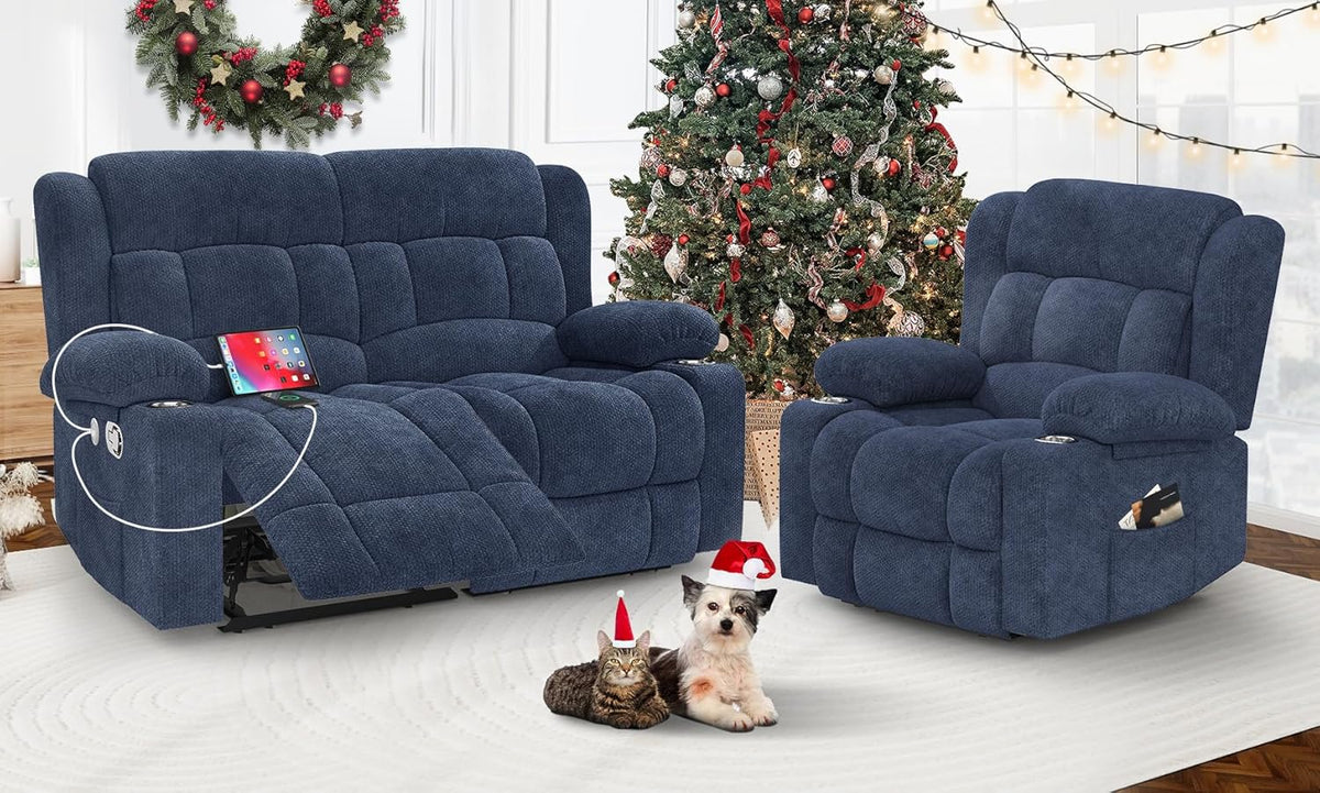 Loveseat Recliner Sofa Set with 2+1 Pieces, 2 Seater Minimalist Style Fabric Manual Pull Tab