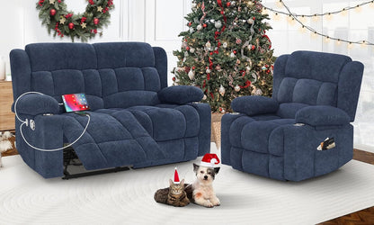Loveseat Recliner Sofa Set with 2+1 Pieces, 2 Seater Minimalist Style Fabric Manual Pull Tab