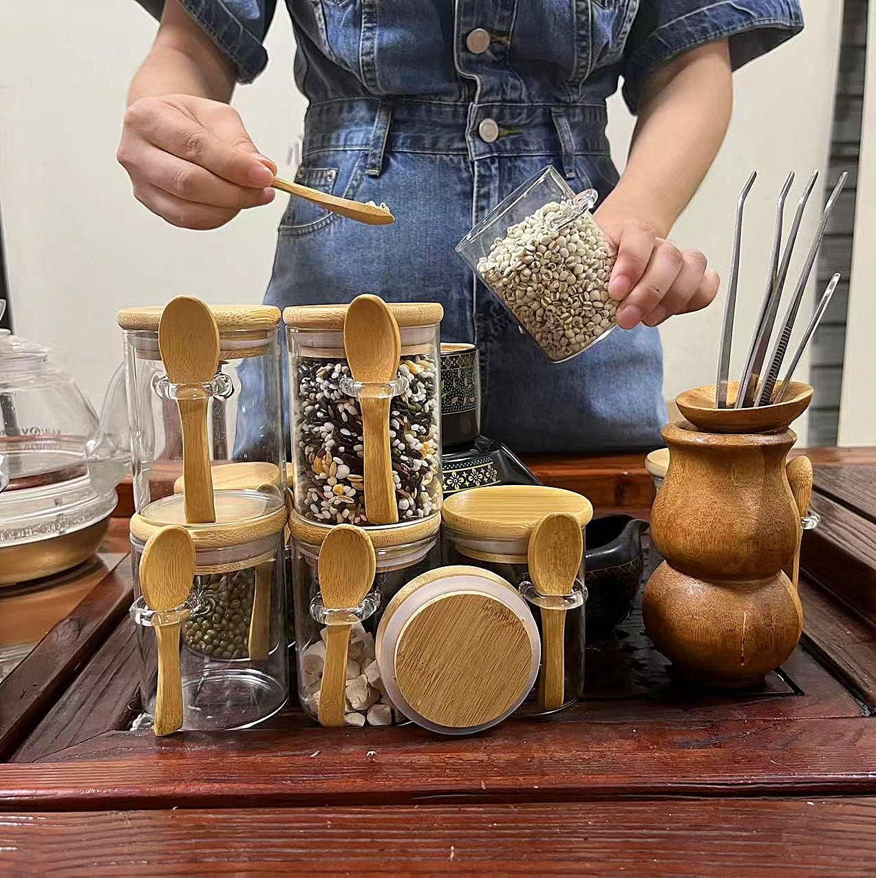 7.6 oz Airtight Mini Glass Jars with Bamboo Lids and Bamboo Spoons, Spice Jars Small Food Storage