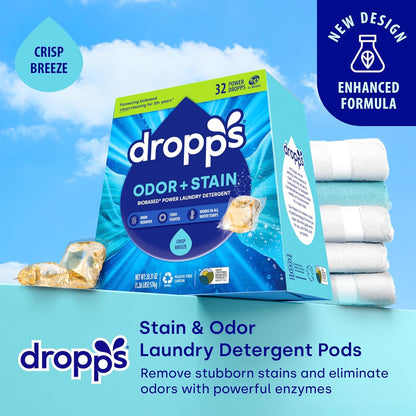 Dropps Odor & Stain Biobased Power Laundry Detergent Pods, Crisp Breeze (32 Pods) - HE Compatible