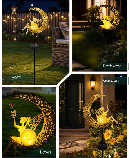 Solar Garden Statues Outdoor Decor, Fairy Moon Figurine Light Stake, Housewarming Ornament for