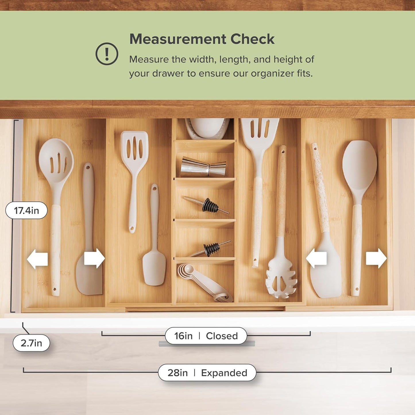 Adjustable Kitchen Drawer Organizer for Utensils and Junk, Food-Safe Contract Grade with 100%