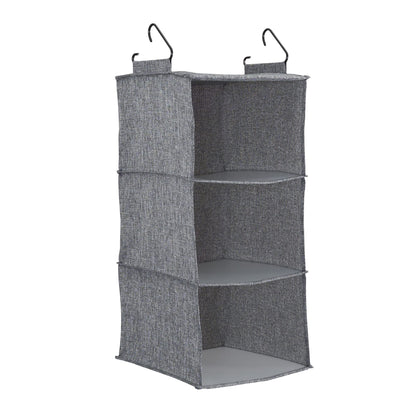 Household Essentials 3‑Shelf Hanging Closet Organizer with Hooks in Poly Linen and PEVA Shelving