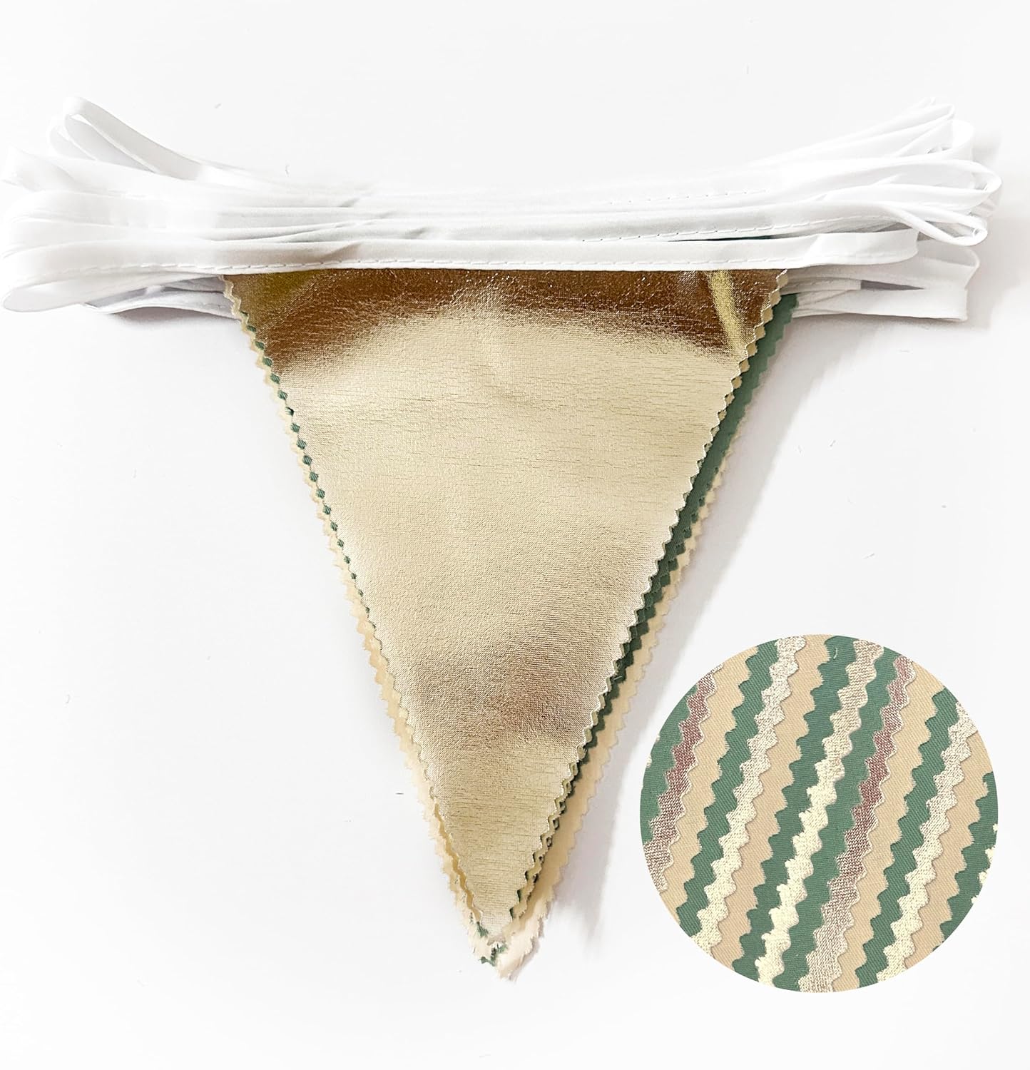 Sage Green Beige Champagne Gold Party Decorations Metallic Fabric Triangle Pennant Banner Bunting