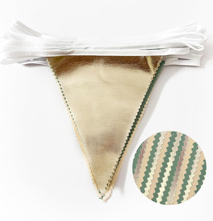 Sage Green Beige Champagne Gold Party Decorations Metallic Fabric Triangle Pennant Banner Bunting