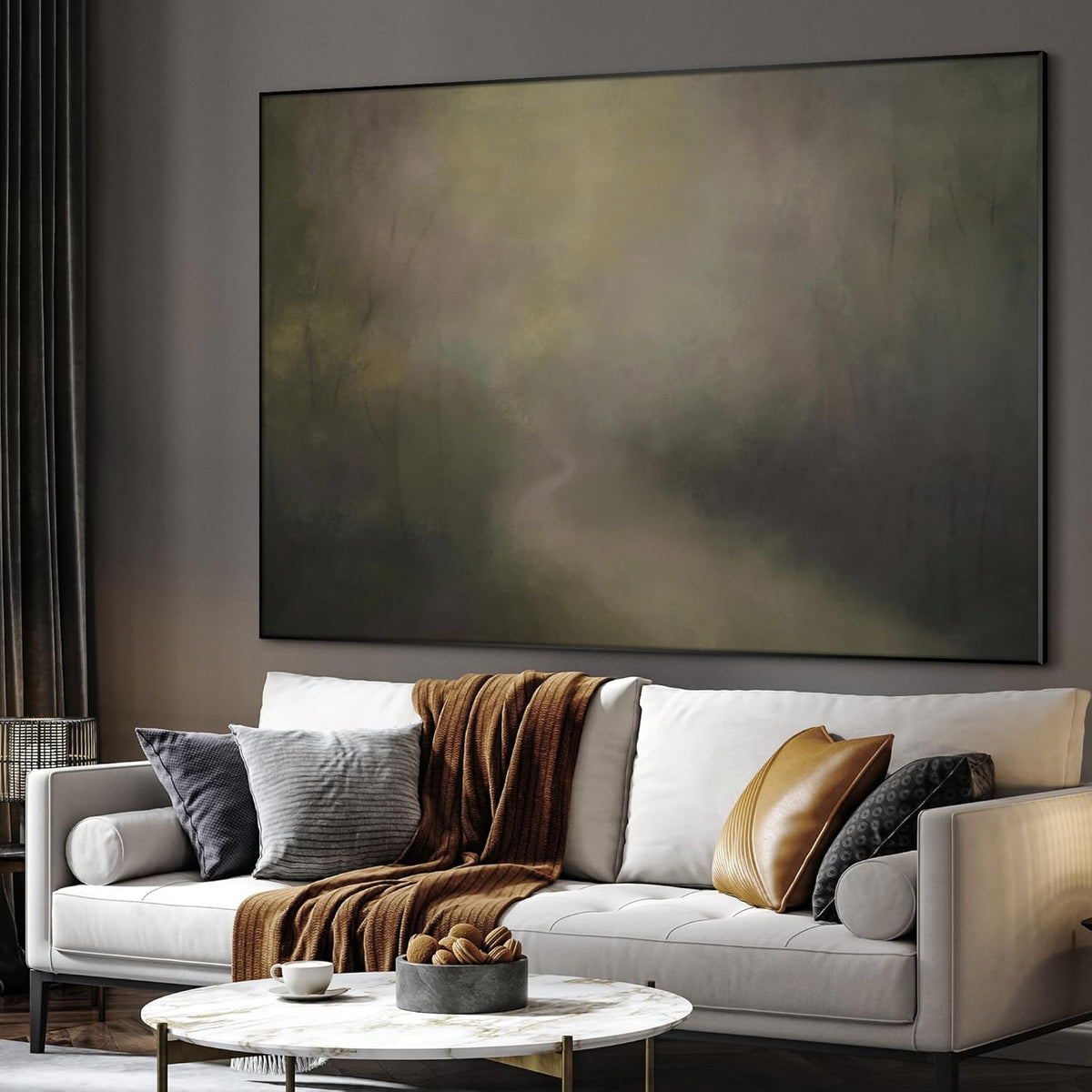 SIGNWIN 60"x72" Extra Large Framed Wall Art Muted Forest Path Soft Misty Woodland Scene
