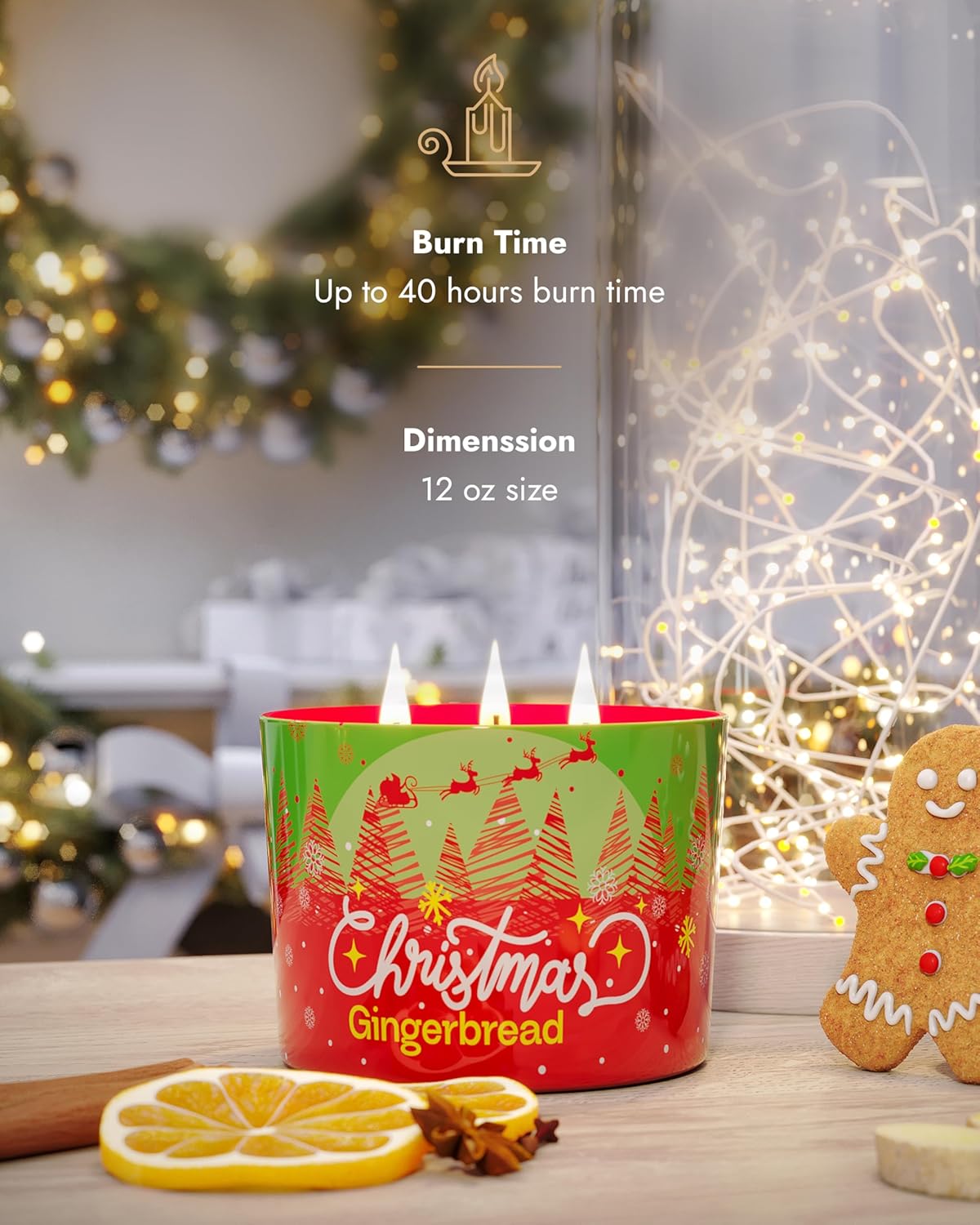 96NORTH Luxury Christmas Candle Gingerbread Scented | Large 3-Wick Jar Candle | Up to 40 Hours